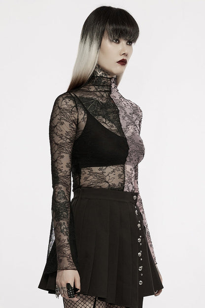 Pink/Black Gothic Lace Stitching Simple Sexy Style Thin See Through Horn Long Sleeved Women's T-Shirt