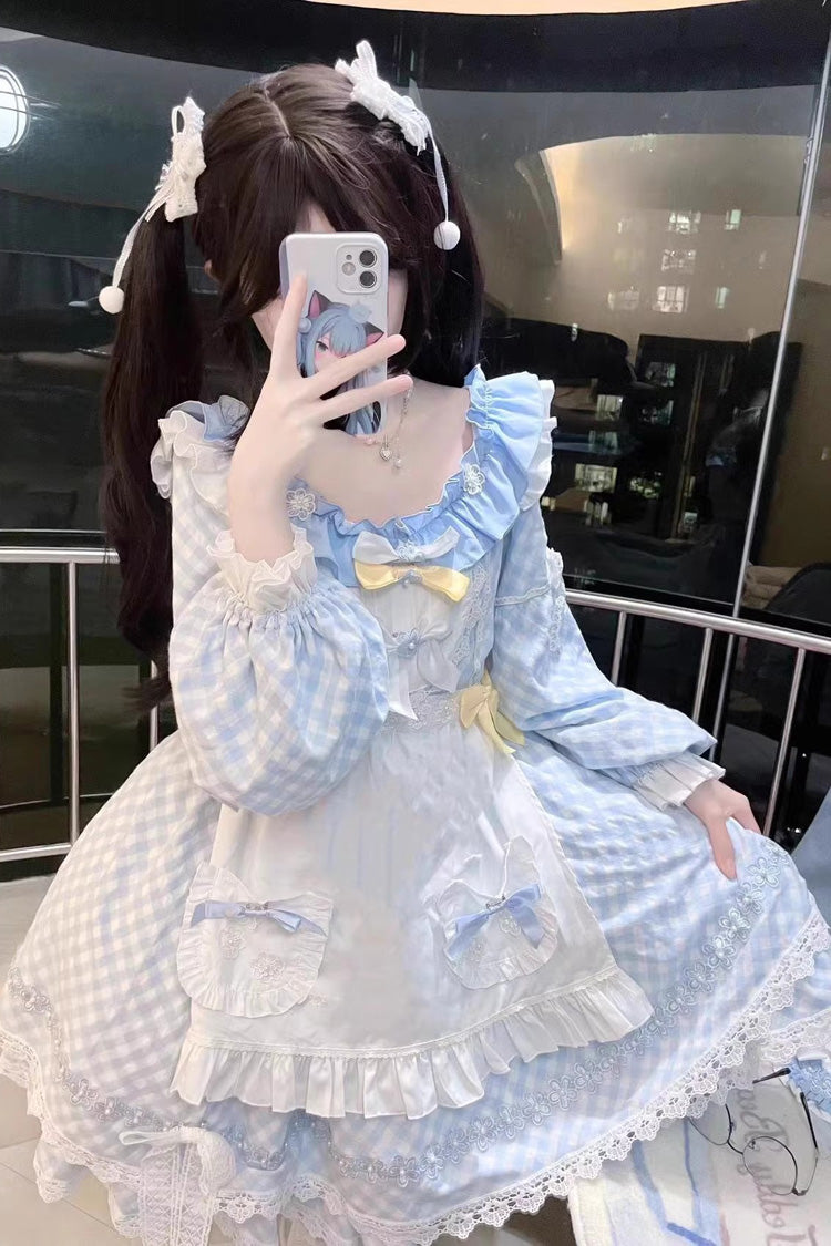 Blue Plaid Print Long Sleeves Bowknot Lace Sweet Lolita Dress