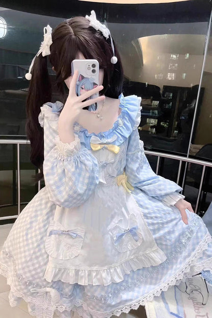 Blue Plaid Print Long Sleeves Bowknot Lace Sweet Lolita Dress