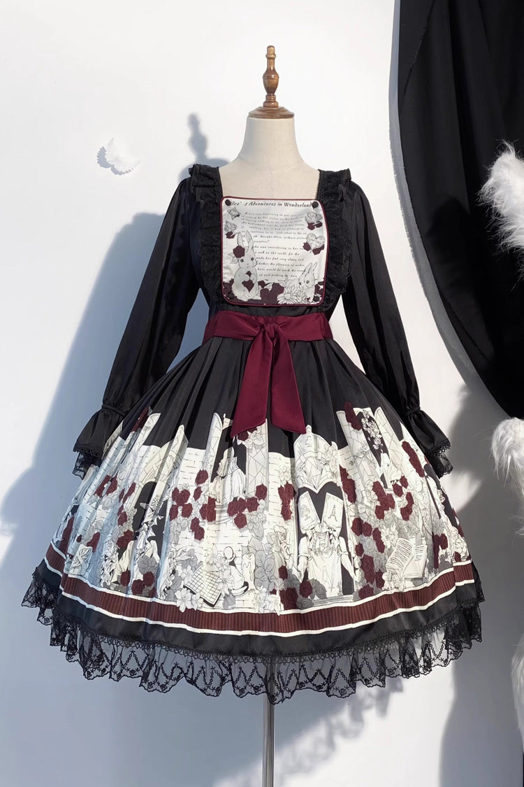 Black [Alice of the Asylum] Print Bowknot Lace Gothic Lolita Dress 2 Versions