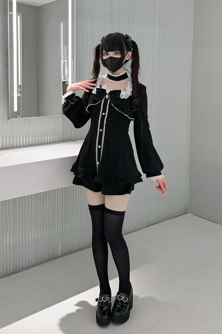 Black [Twilight Prelude] Long Sleeves Ruffled Bow Lace Jirai Kei Japanese Dress and Shorts Set
