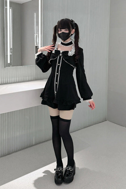 Black [Twilight Prelude] Long Sleeves Ruffled Bow Lace Jirai Kei Japanese Dress and Shorts Set