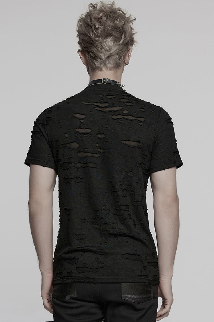 Black Short Sleeves Stitching Mesh Ripped Strap Men's Punk T-Shirt