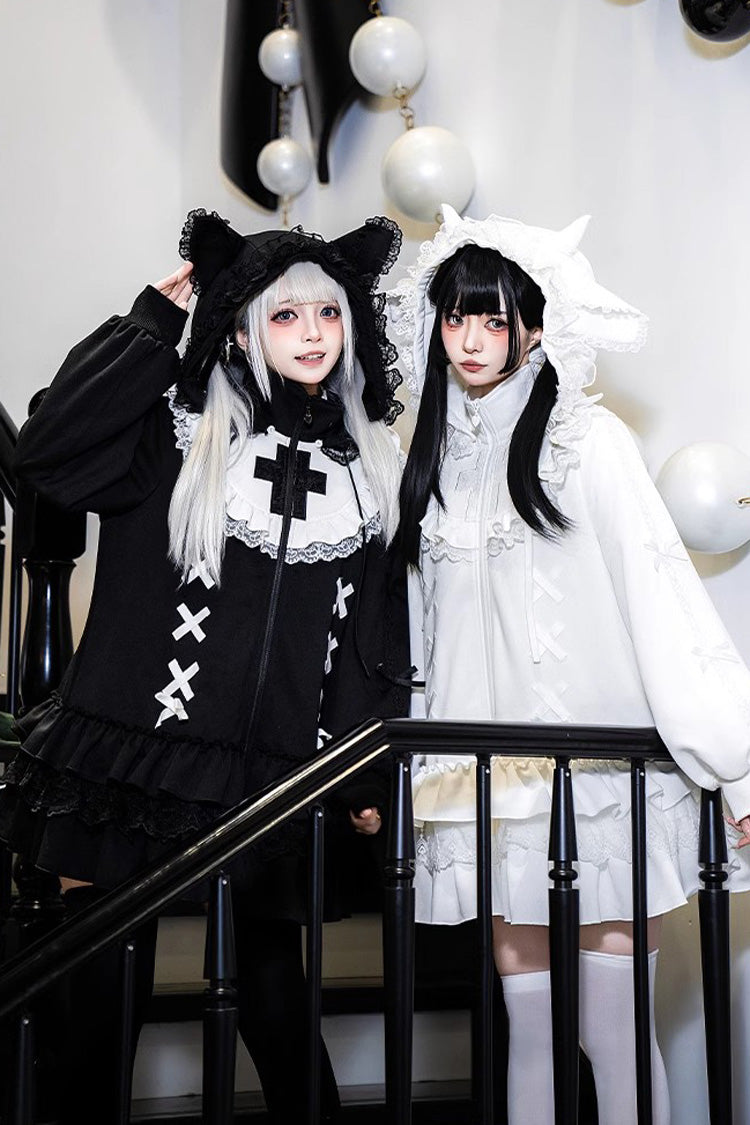 White Long Sleeves Ruffle Zipper Sweet Handsome Lolita Sweatshirt Coat
