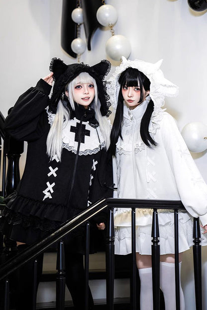 White Long Sleeves Ruffle Zipper Sweet Handsome Lolita Sweatshirt Coat