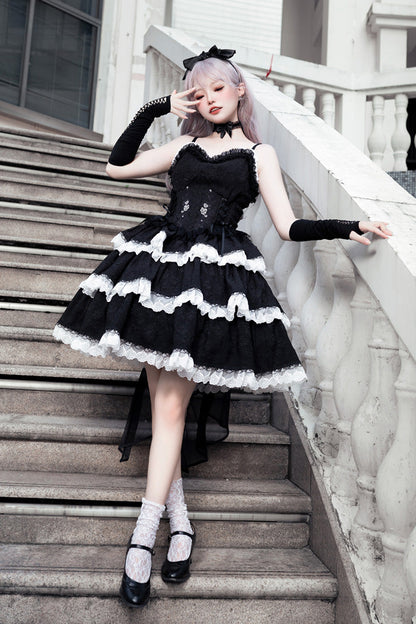 Black Triple-Layered Ruffle Embroidery Bowknot Gothic Lolita Jsk Dress