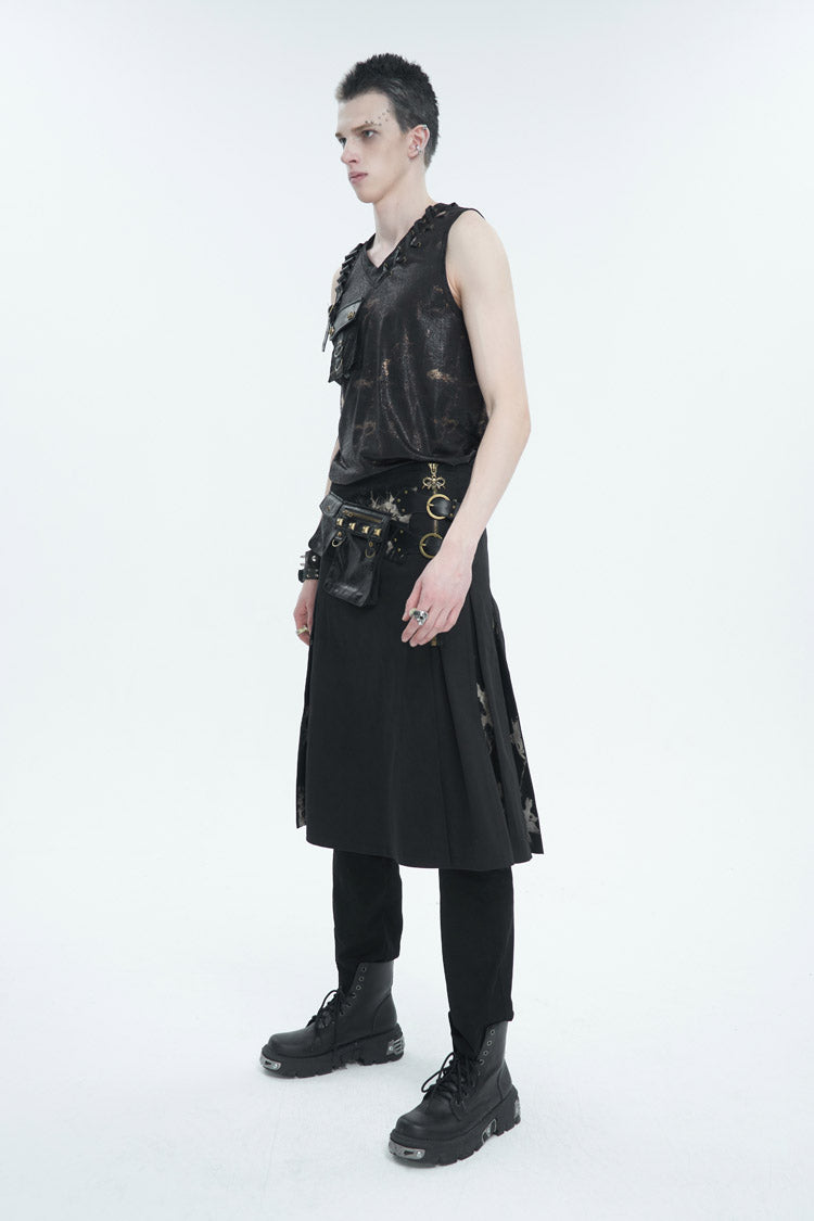 Black Tie-Dye Patchwork With Waist Bag Men's Gothic Skirt