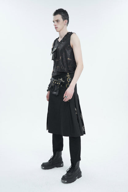 Black Tie-Dye Patchwork With Waist Bag Men's Gothic Skirt