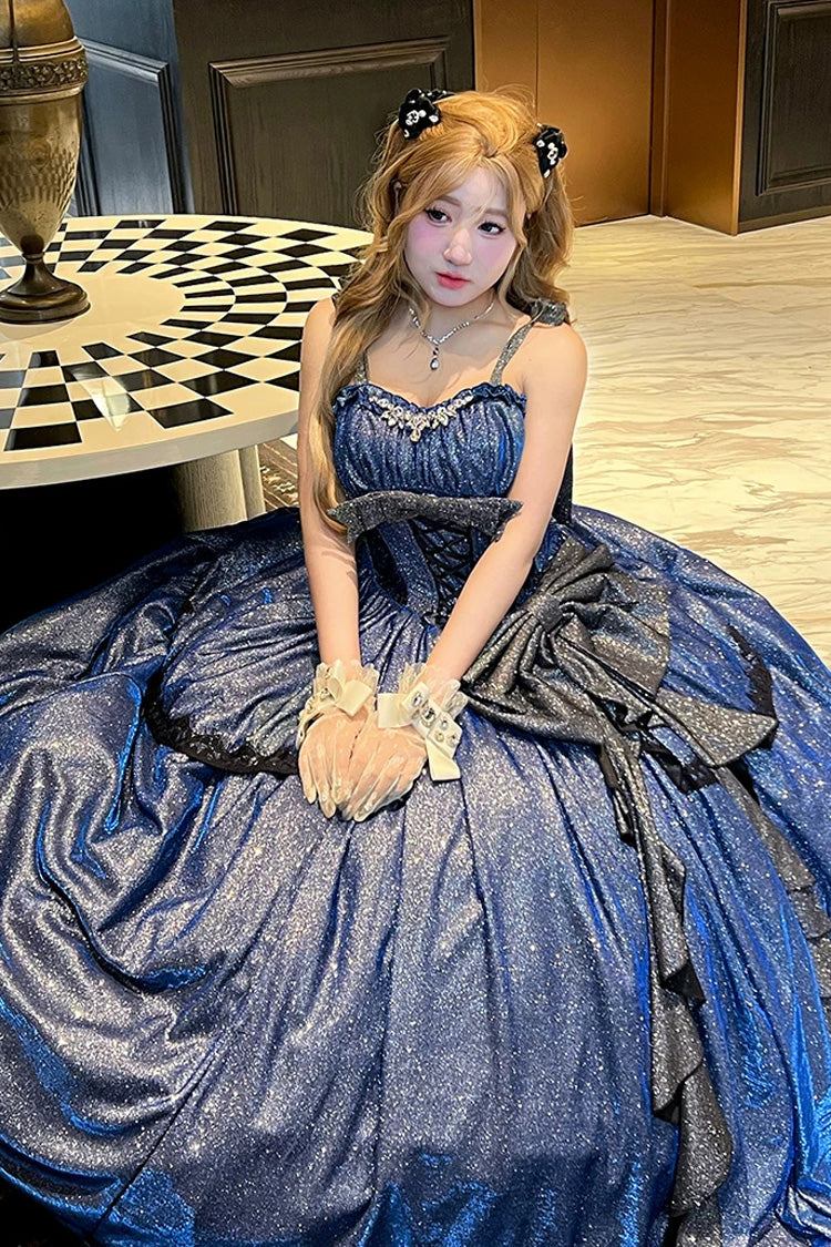 Blue [Galaxy of Fallen Tears] Sleeveless Glitter Series Ruffled Bow Asymmetric Sweet Lolita Jsk Dress