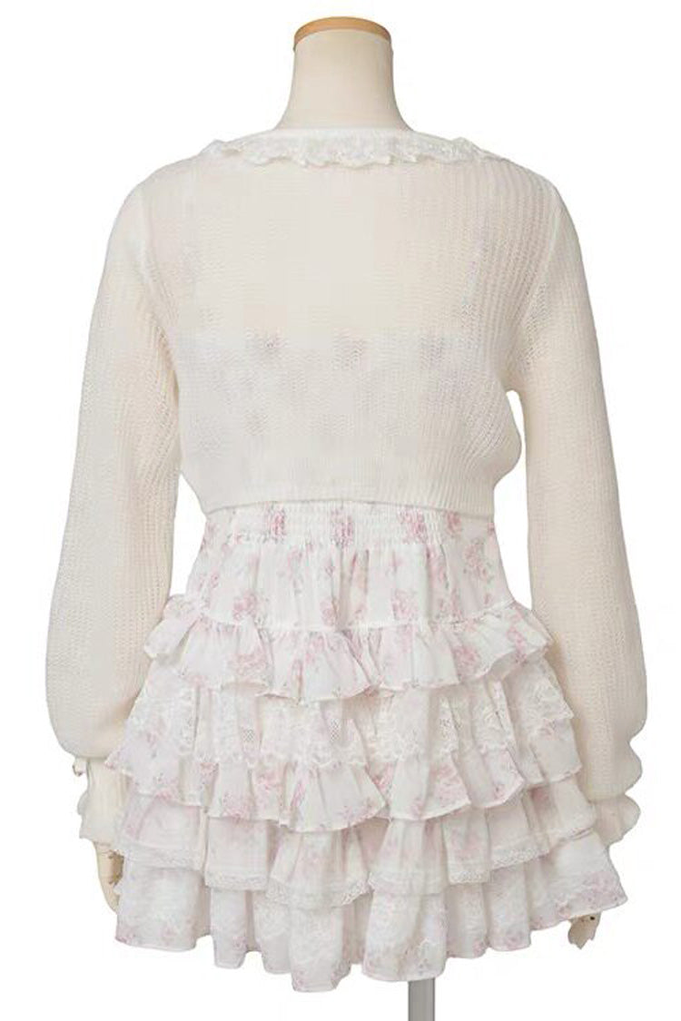 Jirai Kei Long Sleeves Multi-Layered Printed Ruffled Bow Sweet Dress 3 Colors