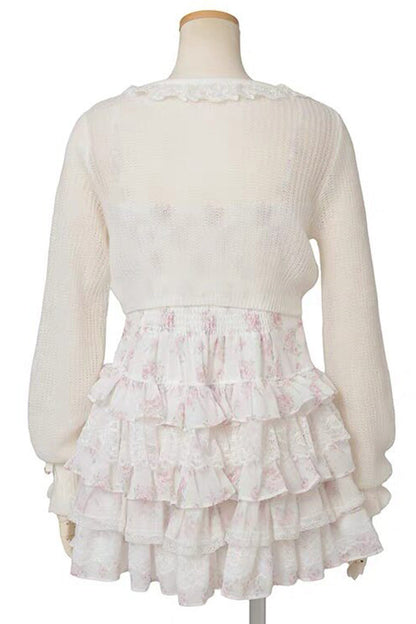 Jirai Kei Long Sleeves Multi-Layered Printed Ruffled Bow Sweet Dress 3 Colors