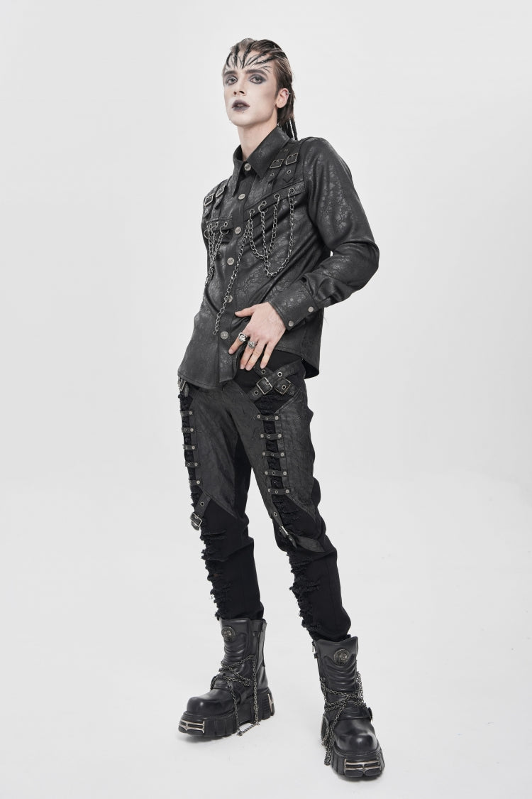 Black Ripped Buckle Straps Men's Punk Pants