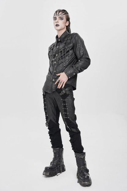 Black Ripped Buckle Straps Men's Punk Pants
