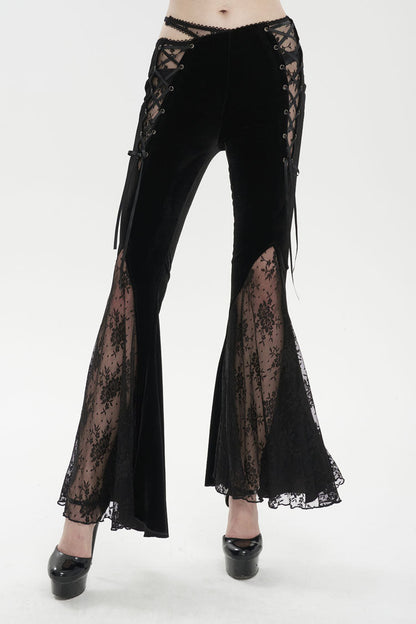 Black Velvet-Paneled Mesh Side-Adjustable Asymmetrical Women's Gothic Leggings