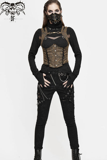 Brown Lace Up Chest Hollow Steel Buckle Rivet Strap Women's Punk Waistcoat