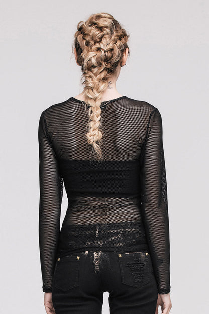 Black See-Through Sexy Hexagonal Mesh Long Sleeve Women's Punk T-Shirt