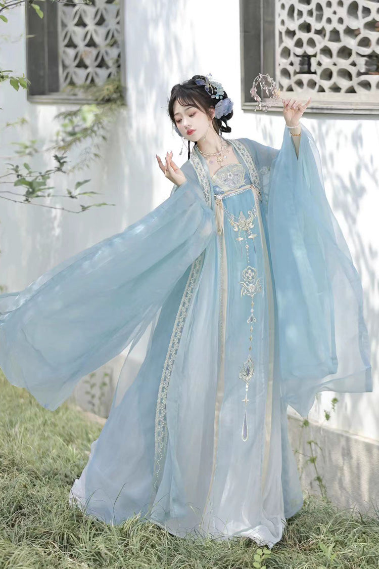 Blue Long Sleeves Embroidery Pearl Chain Sweet Tang-style Hanfu Hezi Dress Set