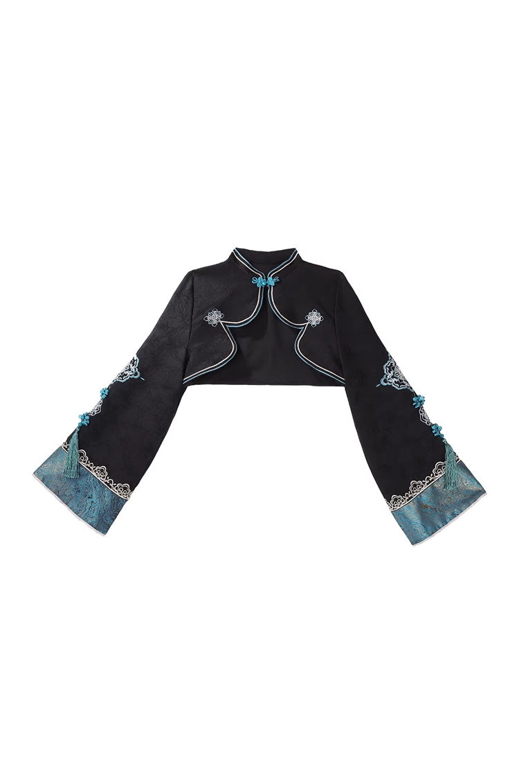 Black/Blue [Misty Teal] Long Sleeves Ruffled Cut-Out Embroidered Asymmetric Chinese Style Classic Lolita Jsk Dress Set