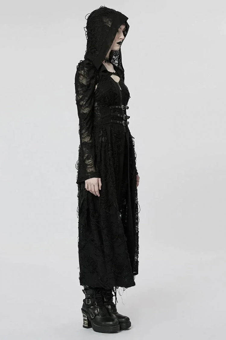 Black Two-piece Knit Ripped Hooded Womens Gothic Coat