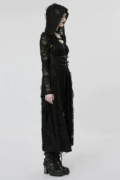 Black Two-piece Knit Ripped Hooded Womens Gothic Coat