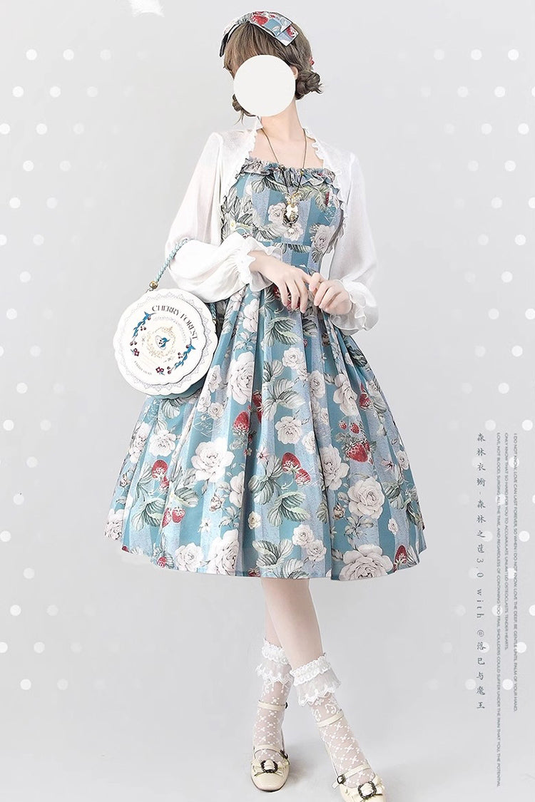 Blue/Green [Forest Basket] Sea Salt Rose Print Bowknot Chiffon Sweet Elegant Lolita Jsk Dress