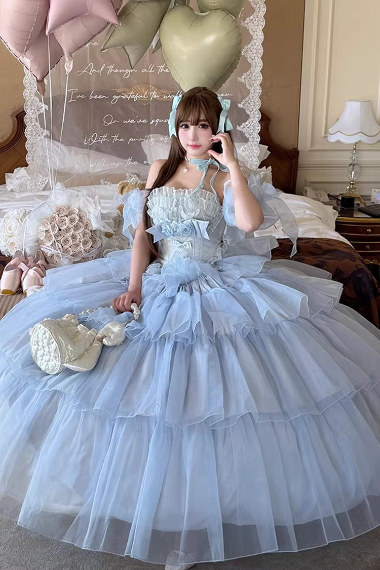 Blue [Mousse Love Song] Sleeveless Multi-Layered Ruffled Hanayome Bow Sweet Lolita Dress