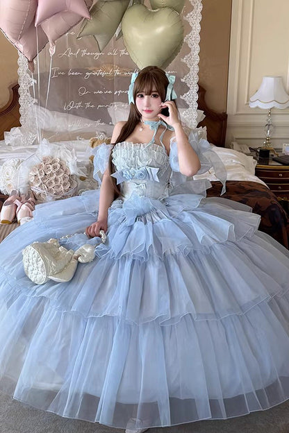 Blue [Mousse Love Song] Sleeveless Multi-Layered Ruffled Hanayome Bow Sweet Lolita Dress