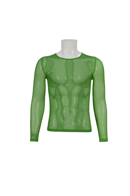 Green Elasticity High Neck Long Sleeve Mesh Men's Gothic T-Shirt