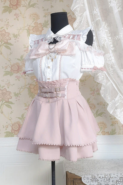 White/Pink Lapel Collar Short Sleeves Double-Layered Ruffle Bowknot Sweet Jirai Kei Set