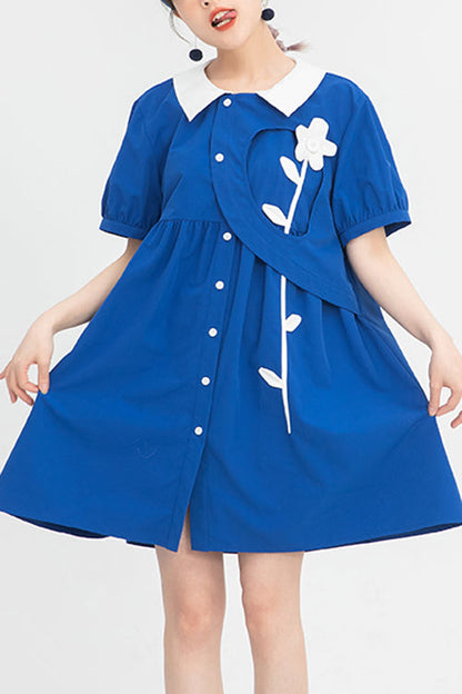 Blue Lapel Collar Short Sleeve High Waist Single Breasted Sweet Lolita Dress