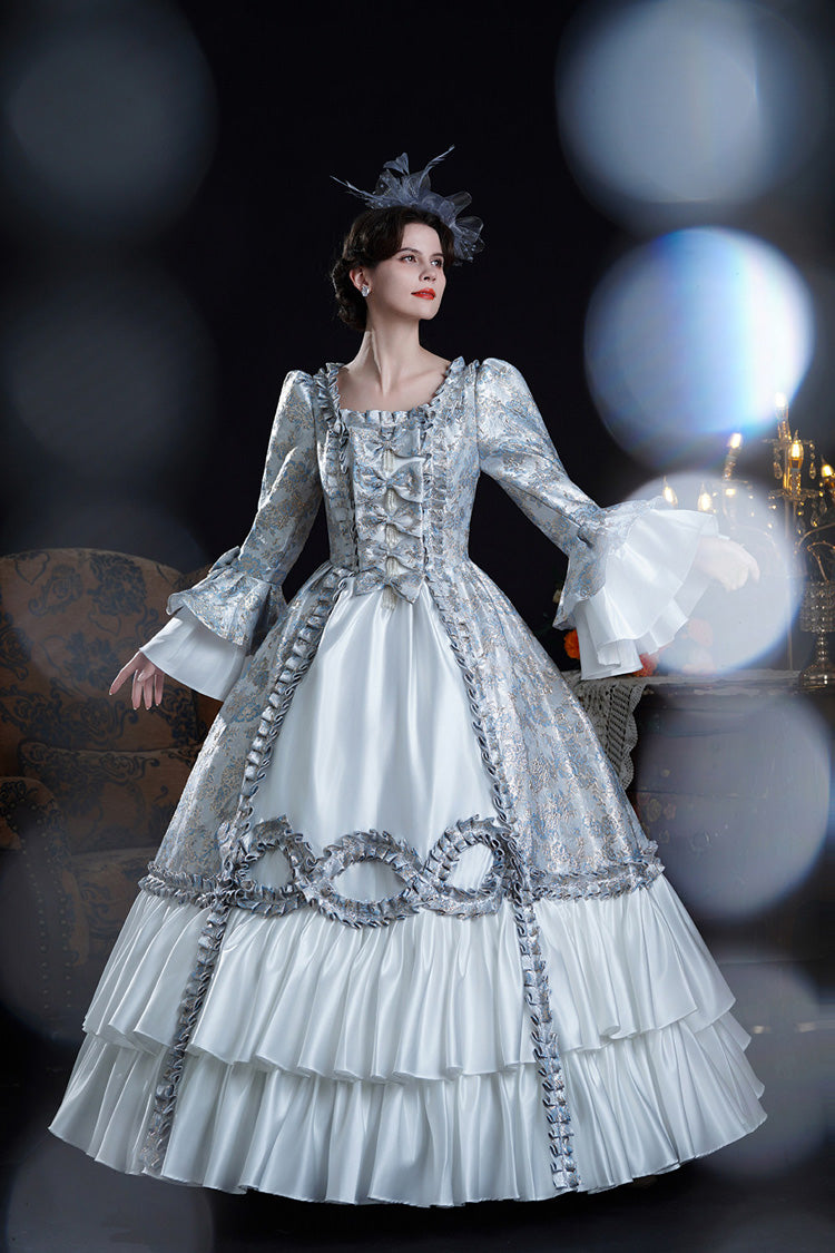 Blue Square Collar Long Trumpet Sleeves Double-Layered Ruffled Embroidered Open-Front Bow Classic Vintage Palace Lolita Victorian Dress