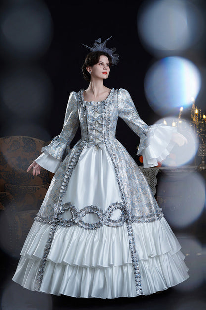 Blue Square Collar Long Trumpet Sleeves Double-Layered Ruffled Embroidered Open-Front Bow Classic Vintage Palace Lolita Victorian Dress
