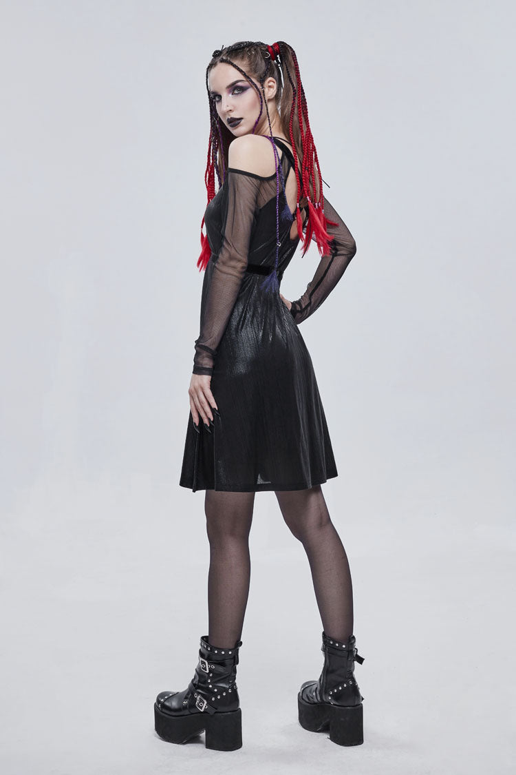 Black Stretch Knit Patchwork Fine Mesh V Neck Cross Tie Metal Pentagram Buckle Strap Women's Punk Dress