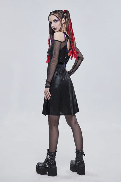 Black Stretch Knit Patchwork Fine Mesh V Neck Cross Tie Metal Pentagram Buckle Strap Women's Punk Dress
