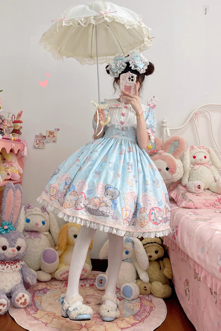 Blue Short Sleeves Baked Bear Print Ruffle Sweet Lolita Dress