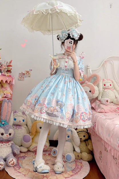 Blue Short Sleeves Baked Bear Print Ruffle Sweet Lolita Dress