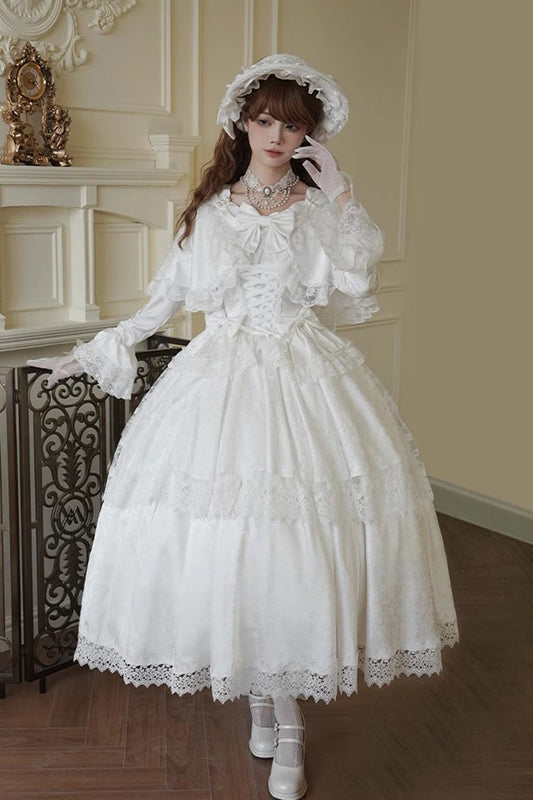 White [Cherish] Long Trumpet Sleeves Ruffle Hanayome Bowknot Lace-Up Sweet Lolita Dress