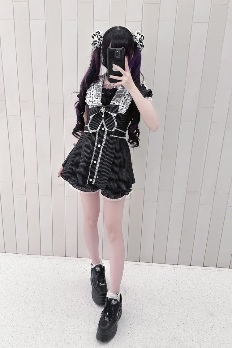 Black [Serenade] Short Sleeves Ruffle Bowknot Lace Sweet Jirai Kei Dress Set