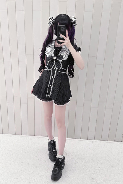 Black [Serenade] Short Sleeves Ruffle Bowknot Lace Sweet Jirai Kei Dress Set