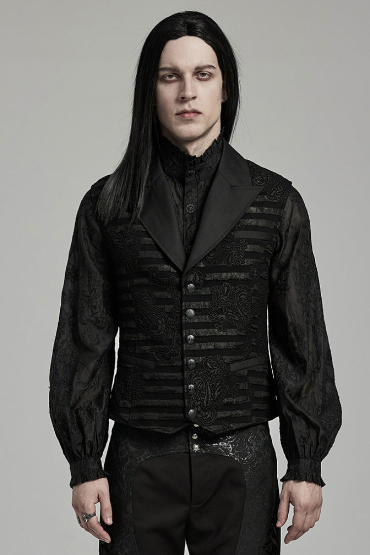 Black V Collar Jacquard Stripes Print Men's Gothic Vest