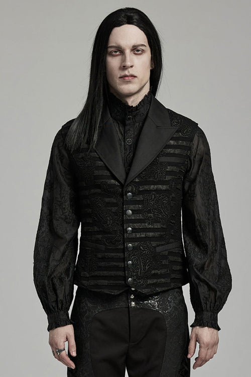 Black V Collar Jacquard Stripes Print Men's Gothic Vest
