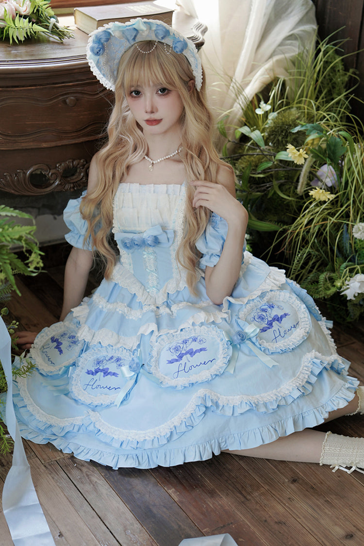 Blue [Butterfly Dream] Multi-Layered Print Ruffle Bowknot Sweet Princess Lolita Jsk Dress