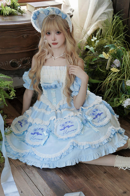 Blue [Butterfly Dream] Multi-Layered Print Ruffle Bowknot Sweet Princess Lolita Jsk Dress