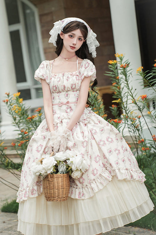 Ivory [Rose After The Rain] Short Sleeves Triple-Layered Print Ruffle Bowknot Lace-Up Sweet Lolita Long Dress