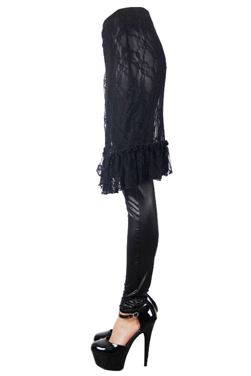 Black Rose Lace Mesh Outer Skirt Gothic Faux Leather Womens Pants