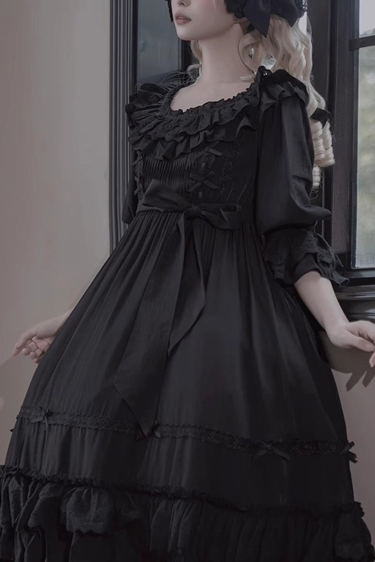 Black [Good Morning] Short Sleeves Ruffle Bowknot Lace-Up Gothic Lolita Dress
