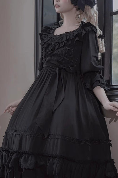 Black [Good Morning] Short Sleeves Ruffle Bowknot Lace-Up Gothic Lolita Dress