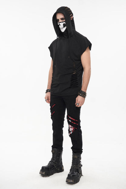 Black Skull Print Super High Neck Masked Rivet Hole Hooded Short Sleeve Men's Punk T-Shirt