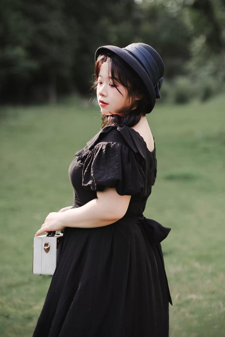 Black [Forest Gallery] Square Collar Short Sleeves Ruffled Bow Classic Vintage Elegant Lolita Dress