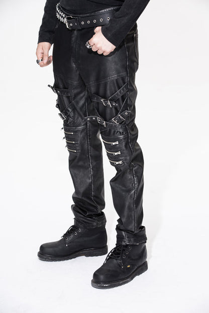 Black Punk Rock Biker Multi Loops Silver Zipper Hand Rubbed Leathers Mens Pants